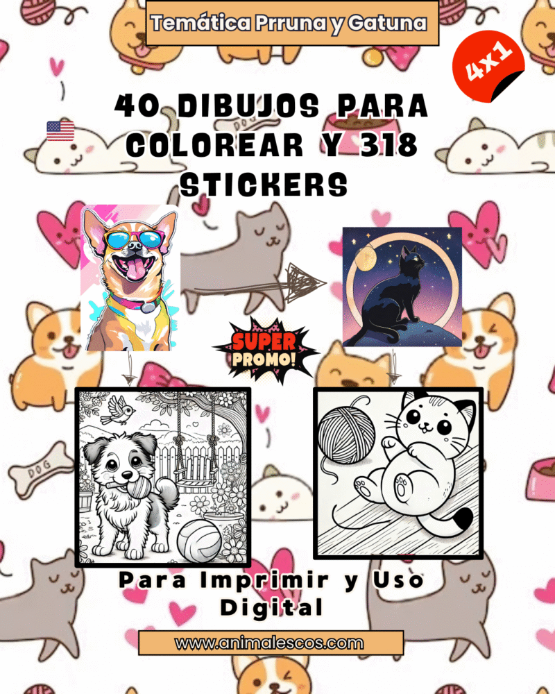 Combo 4X1: Dibujos para Colorear + Stickers de Gatos y Perros El Mega Pack Creativo que Todo Amante de los Animales Necesita